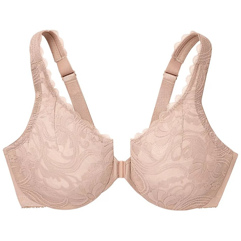 NWT Glamorise Wonderwire Front Close Stretch Lace Bra-Cafe/Beige